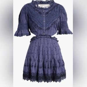 NWT LOVESHACKFANCY Delina Floral Embroidered lace Cutout Mini Dress Navy M
